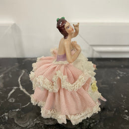 Dresden Lace Figurine of Lady in Pink & White Dress