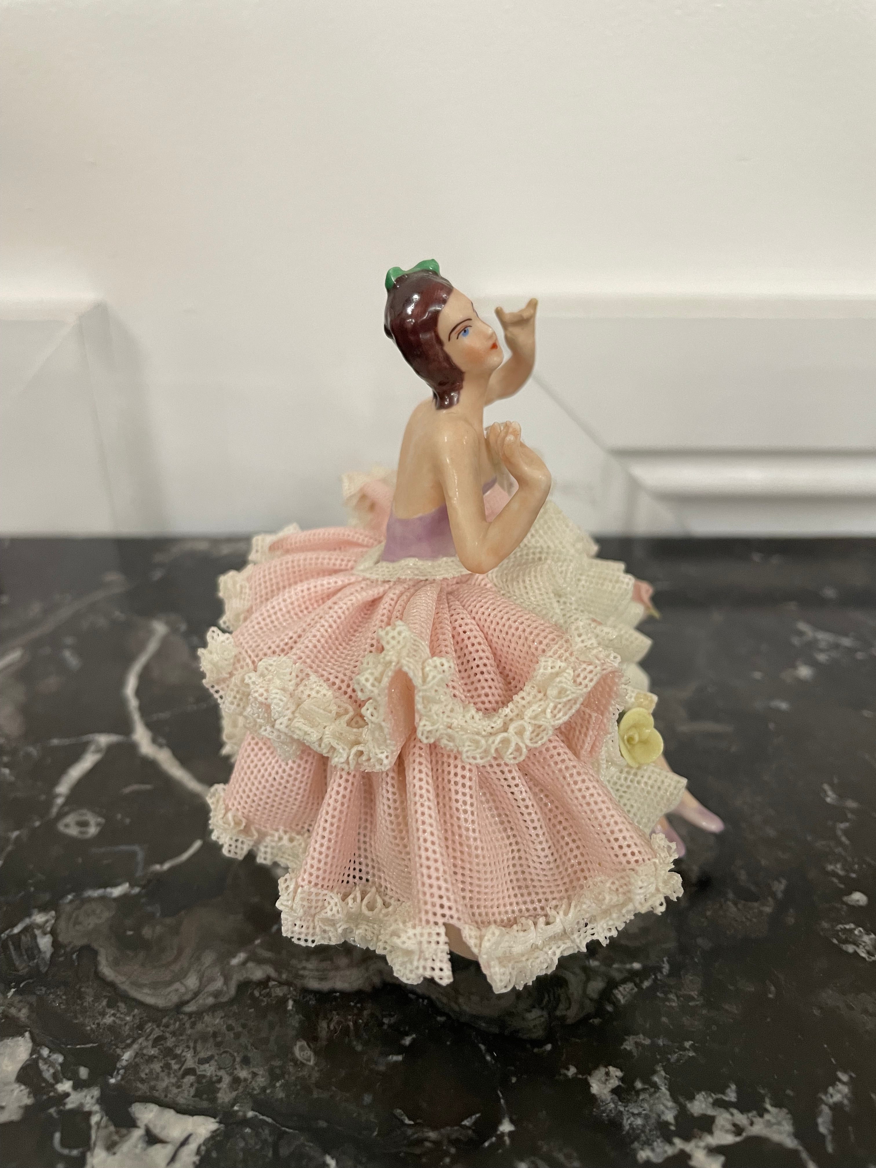 Dresden Lace Figurine of Lady in Pink & White Dress | Antique & Vintage | Moonee Ponds Antiques | Australia Wide Delivery