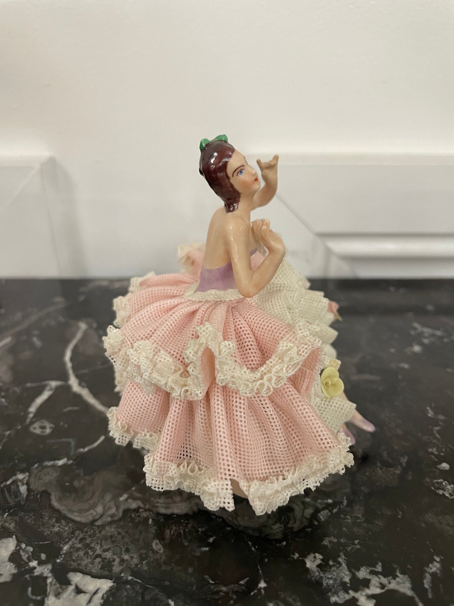 Dresden Lace Figurine of Lady in Pink & White Dress