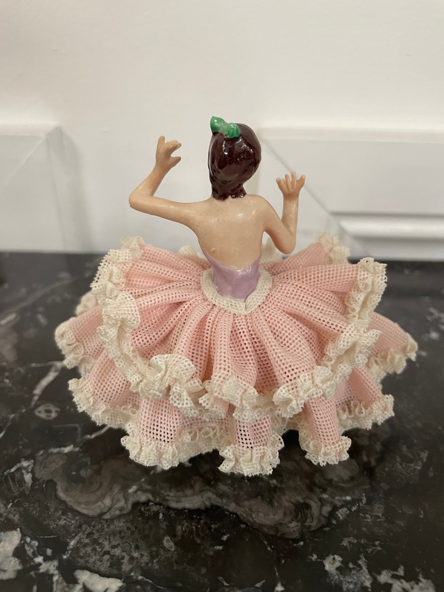 Dresden Lace Figurine of Lady in Pink & White Dress