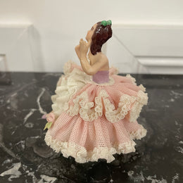 Dresden Lace Figurine of Lady in Pink & White Dress