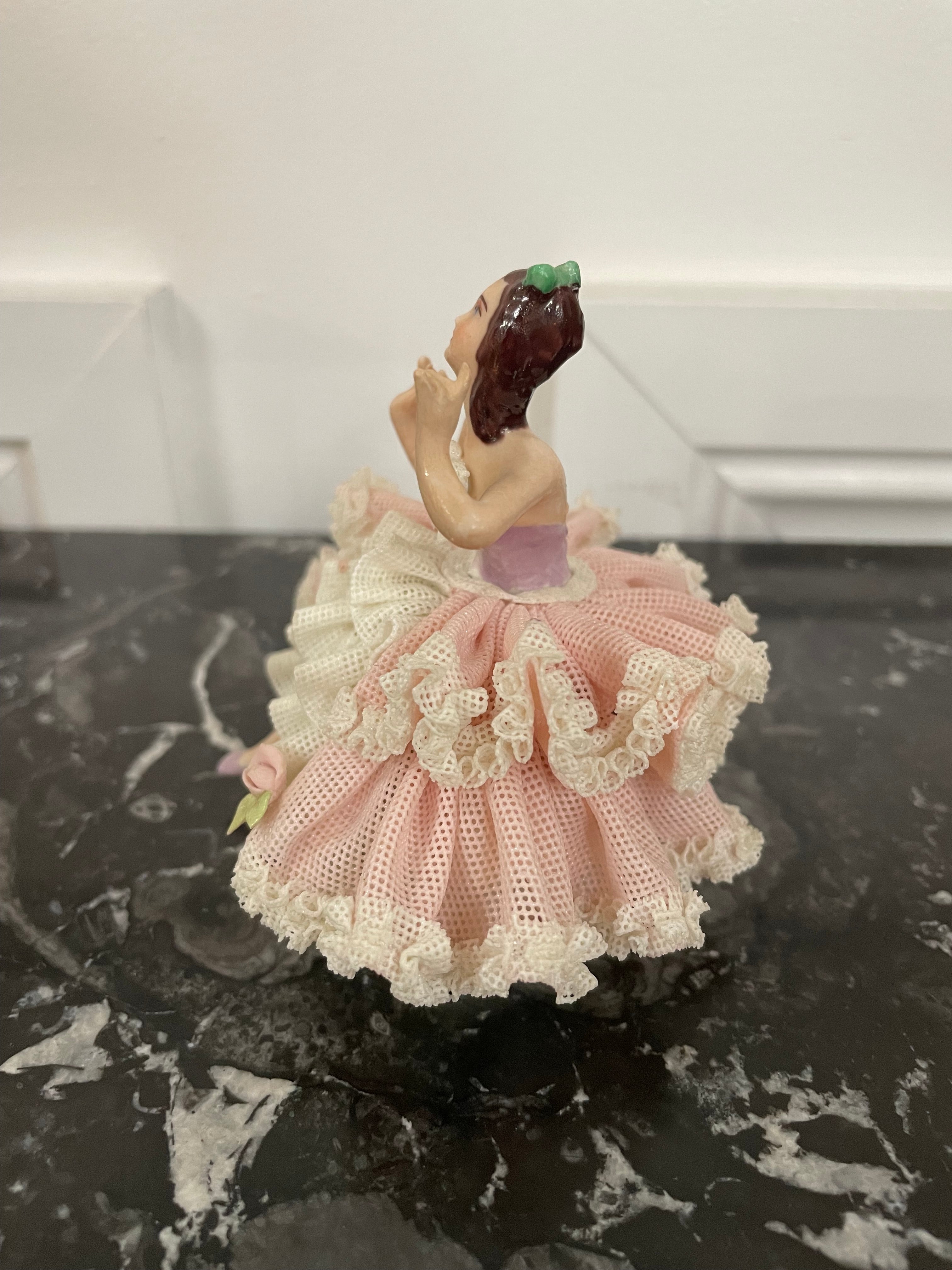 Dresden Lace Figurine of Lady in Pink & White Dress | Antique & Vintage | Moonee Ponds Antiques | Australia Wide Delivery