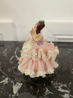 Dresden Lace Figurine of Lady in Pink & White Dress | Antique & Vintage | Moonee Ponds Antiques | Australia Wide Delivery