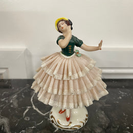 Dresden Lace Figurine of Lady Wearing Yellow Sun Hat