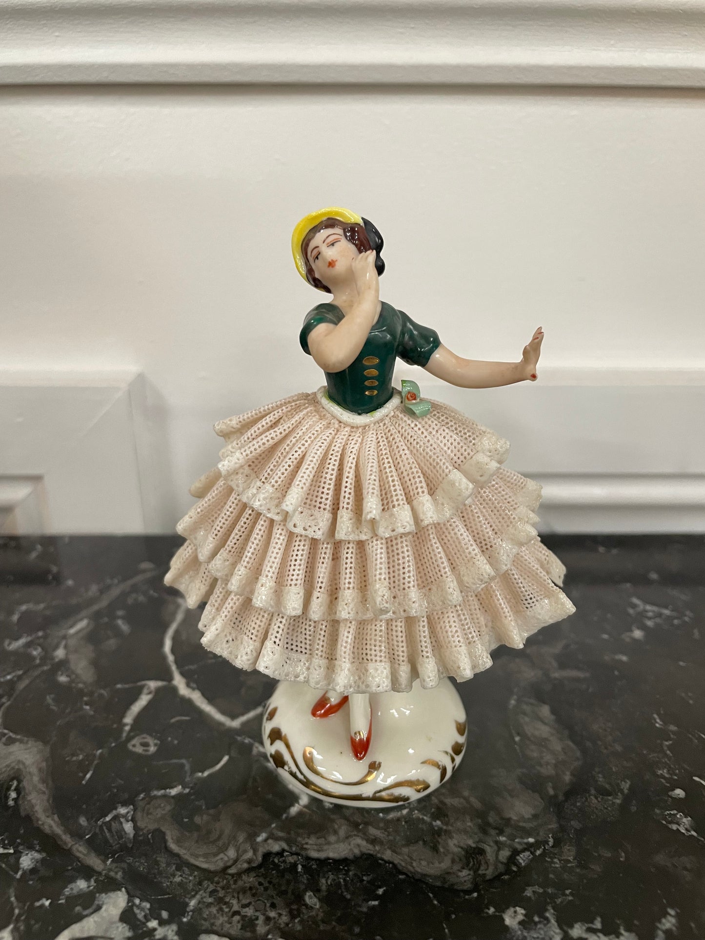 Dresden Lace Figurine of Lady Wearing Yellow Sun Hat