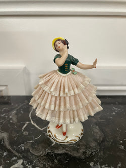 Dresden Lace Figurine of Lady Wearing Yellow Sun Hat | Antique & Vintage | Moonee Ponds Antiques | Australia Wide Delivery