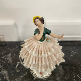 Dresden Lace Figurine of Lady Wearing Yellow Sun Hat