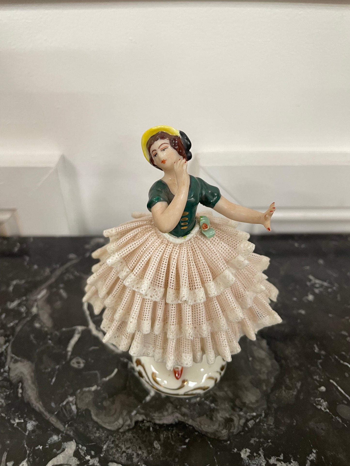 Dresden Lace Figurine of Lady Wearing Yellow Sun Hat