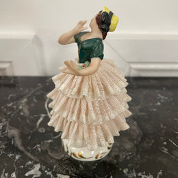 Dresden Lace Figurine of Lady Wearing Yellow Sun Hat