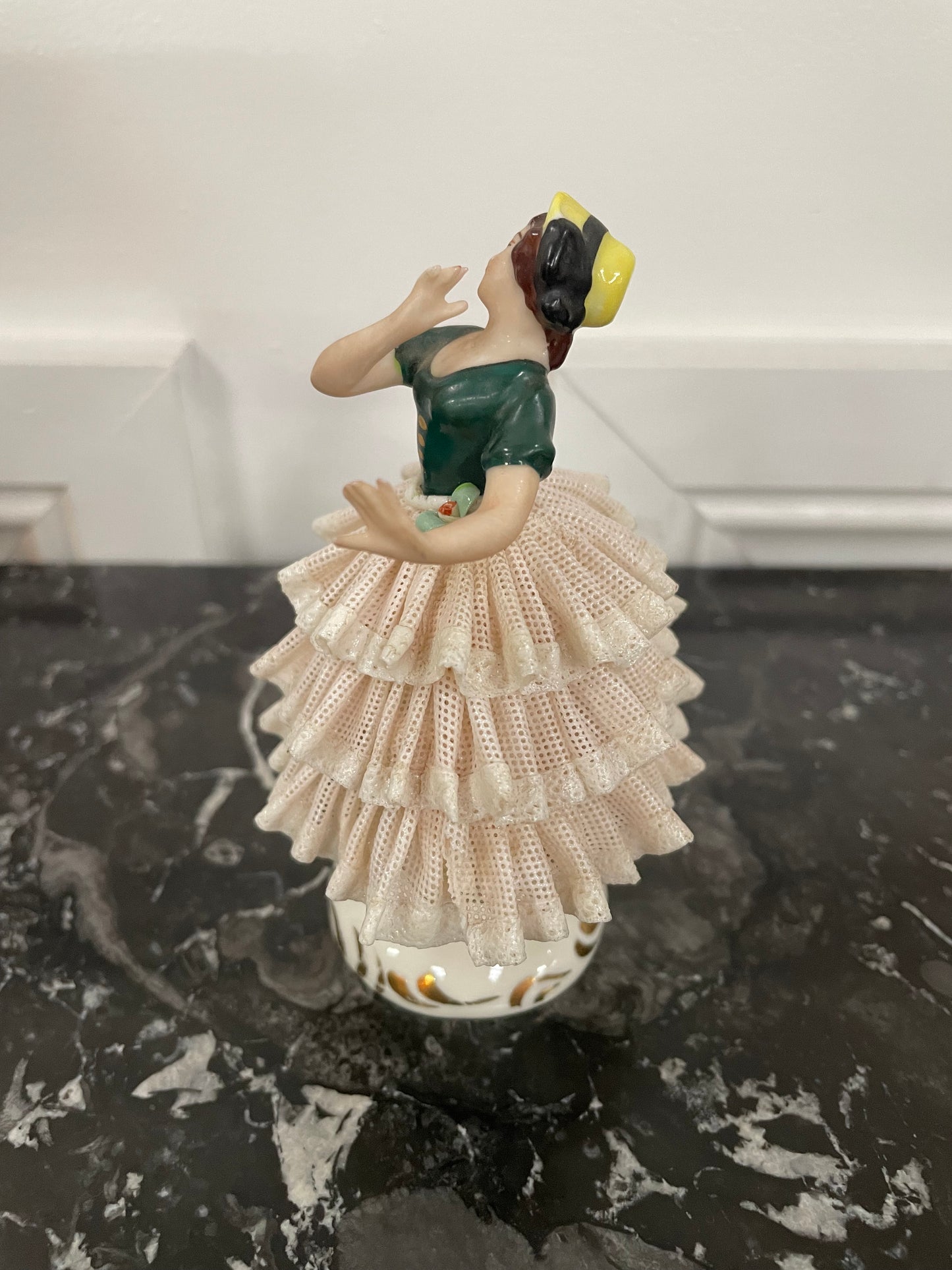 Dresden Lace Figurine of Lady Wearing Yellow Sun Hat