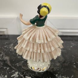 Dresden Lace Figurine of Lady Wearing Yellow Sun Hat