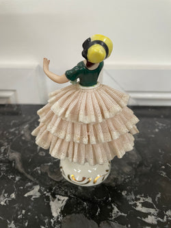 Dresden Lace Figurine of Lady Wearing Yellow Sun Hat | Antique & Vintage | Moonee Ponds Antiques | Australia Wide Delivery