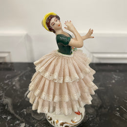 Dresden Lace Figurine of Lady Wearing Yellow Sun Hat