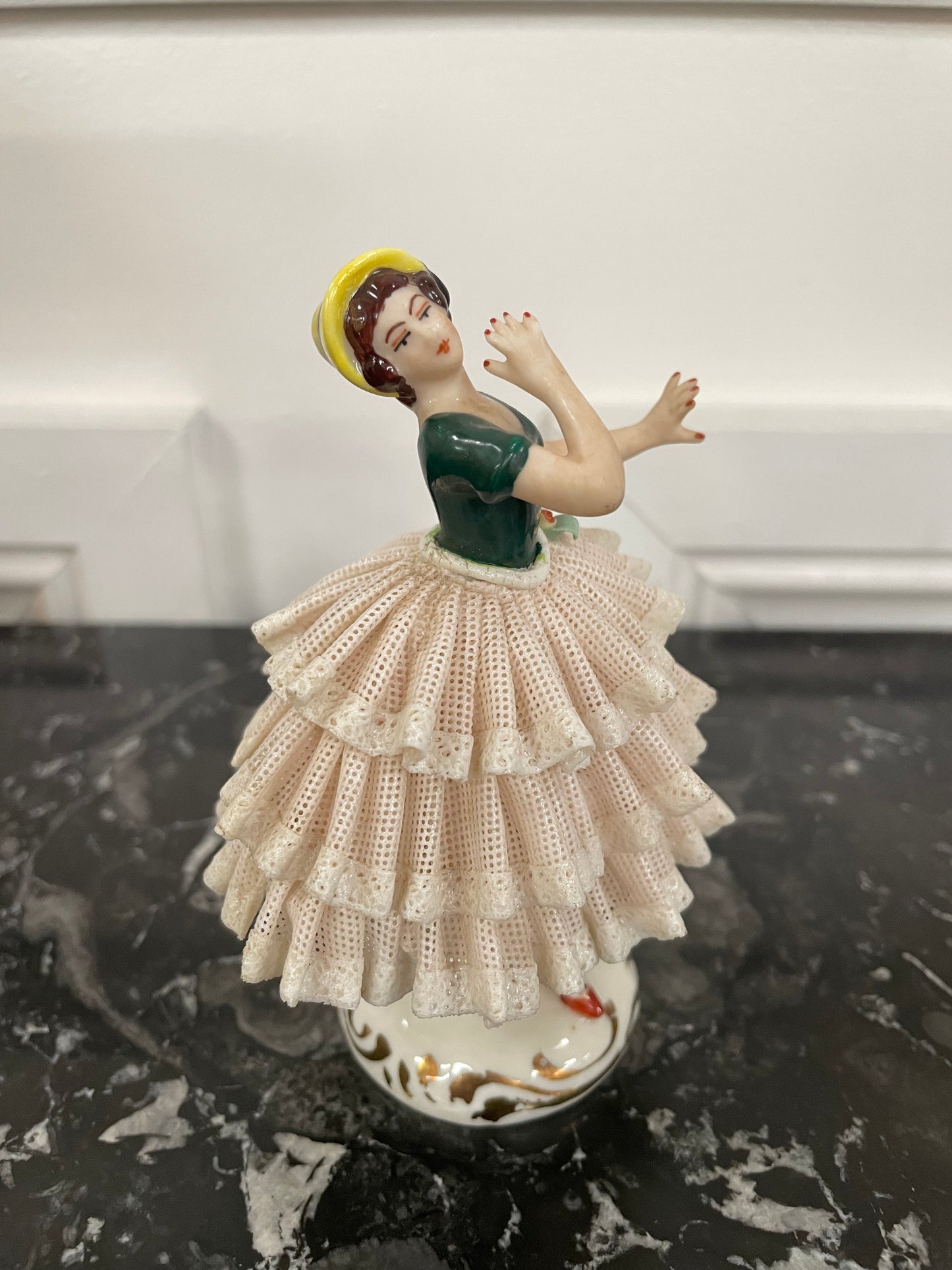 Dresden Lace Figurine of Lady Wearing Yellow Sun Hat