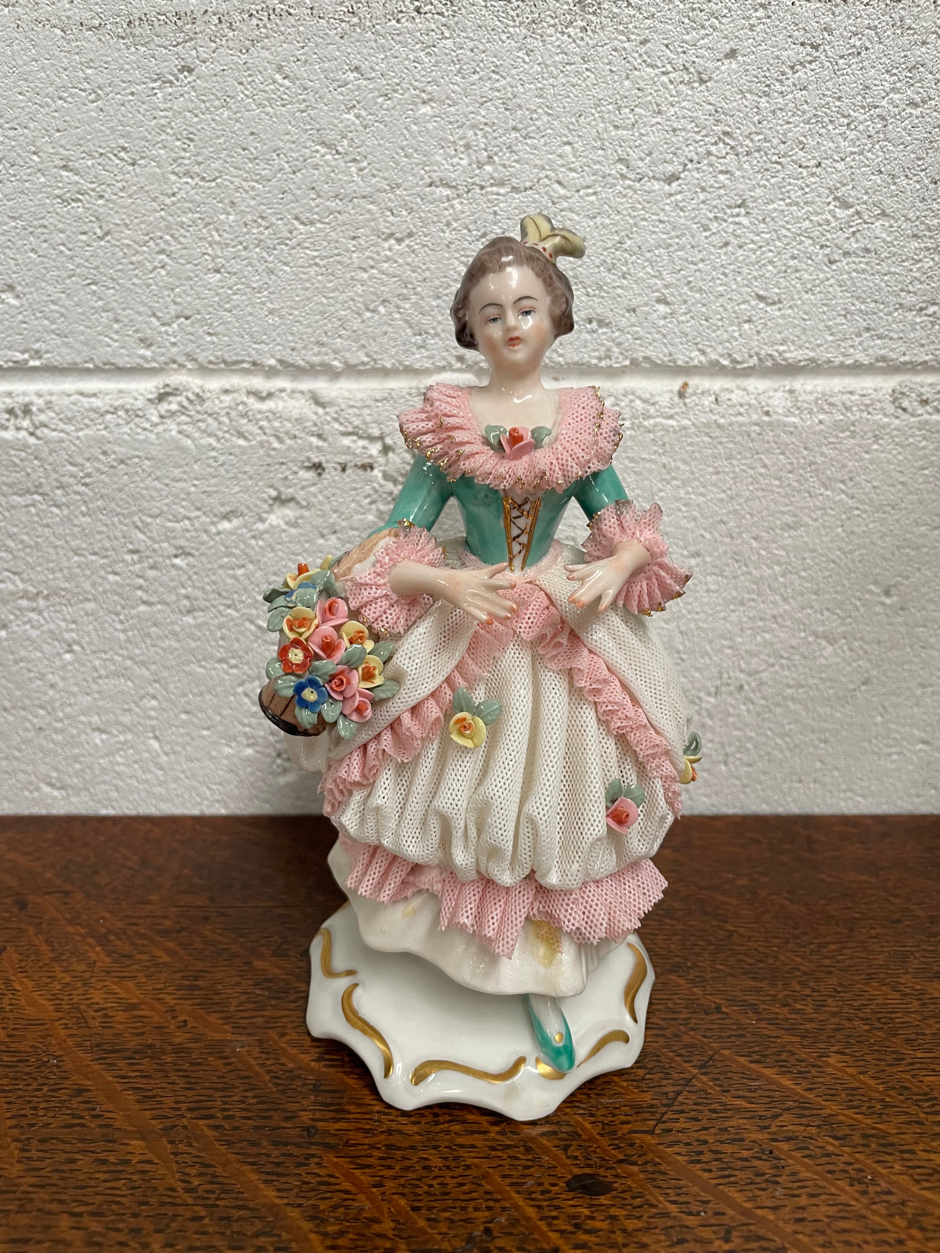 Dresden Figurine of Lady Holding Basket of Flowers | Antique & Vintage | Moonee Ponds Antiques | Australia Wide Delivery