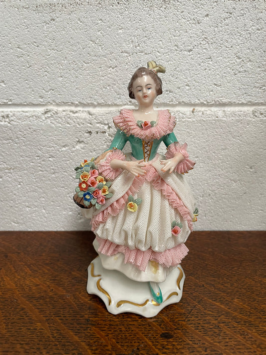 Dresden Figurine of Lady Holding Basket of Flowers