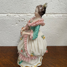 Dresden Figurine of Lady Holding Basket of Flowers