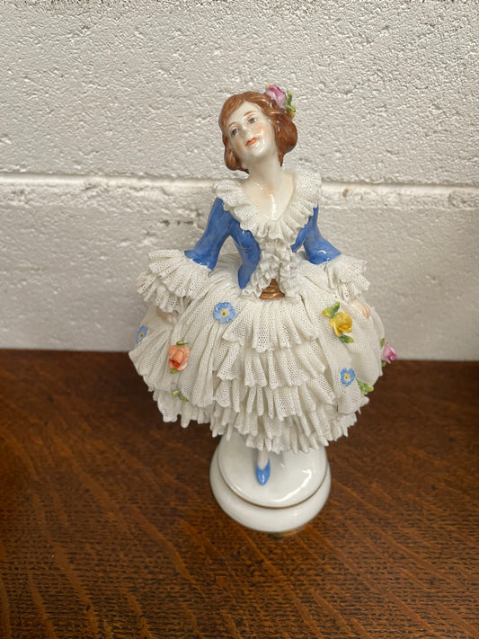 Dresden lace figurine stamped underneath and made in Germany. In good vintage condition with some slight damage to lace. 