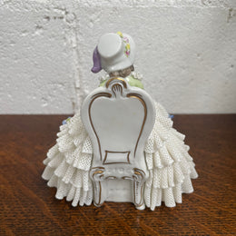 Dresden lace figurine stamped underneath and made in Germany. In good vintage condition with some slight damage to lace.