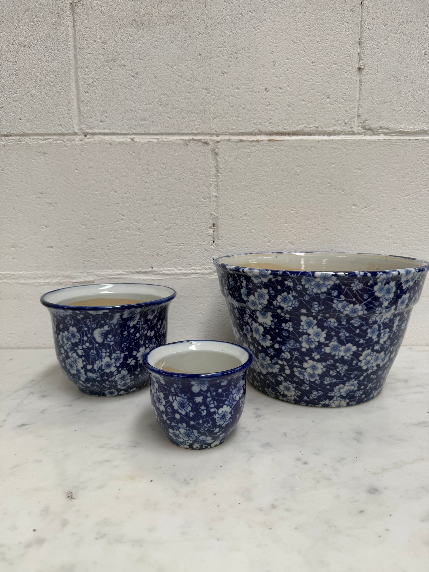 Vintage Set of Three Blue and White Planters