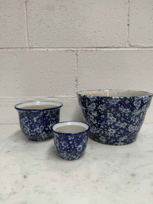 Vintage Set of Three Blue and White Planters