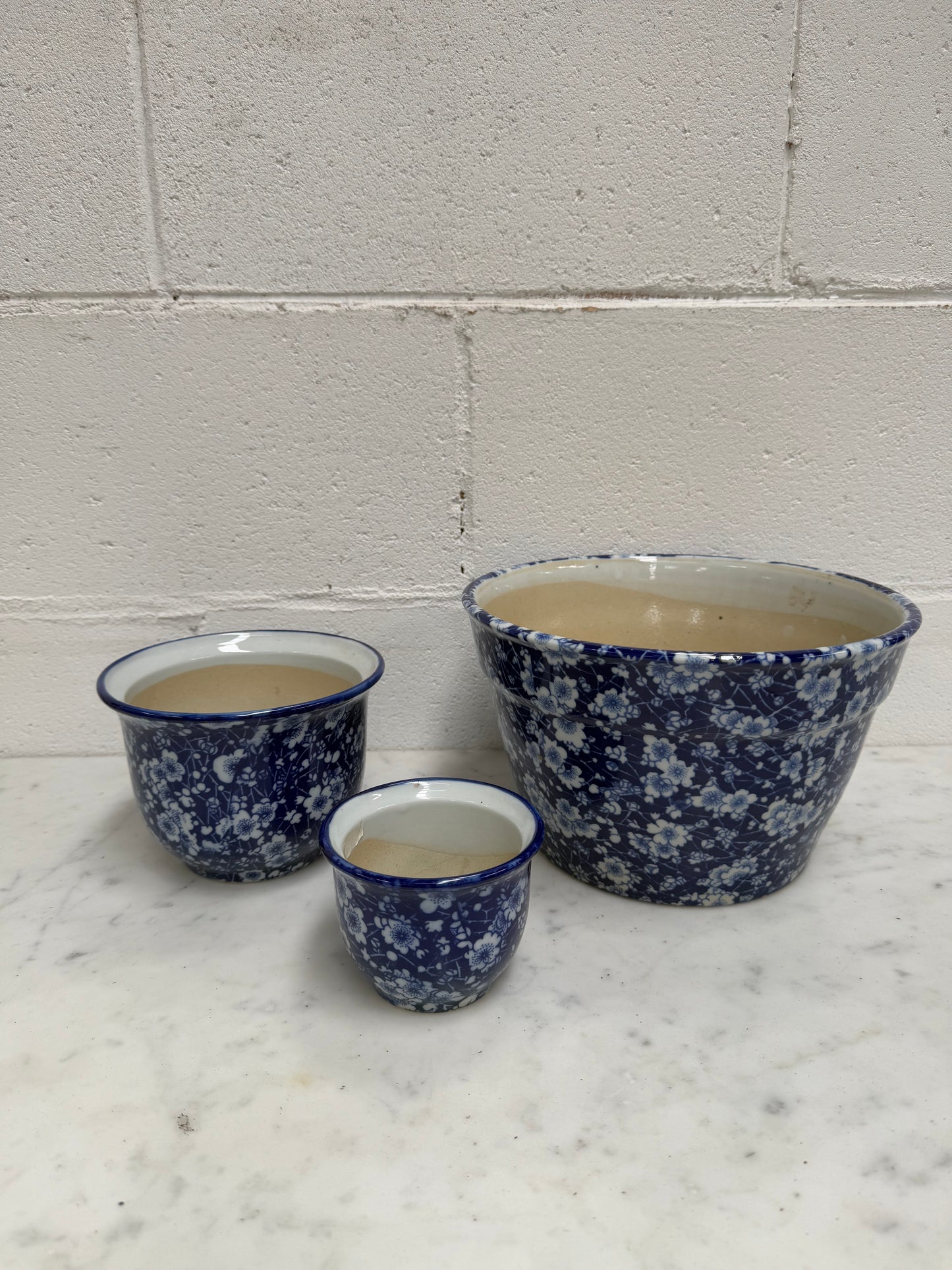 Vintage Set of Three Blue and White Planters