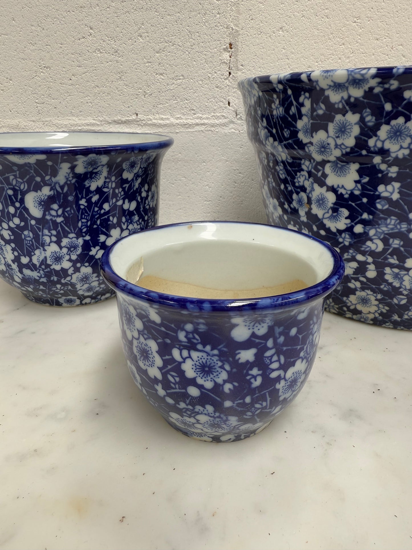 Vintage Set of Three Blue and White Planters