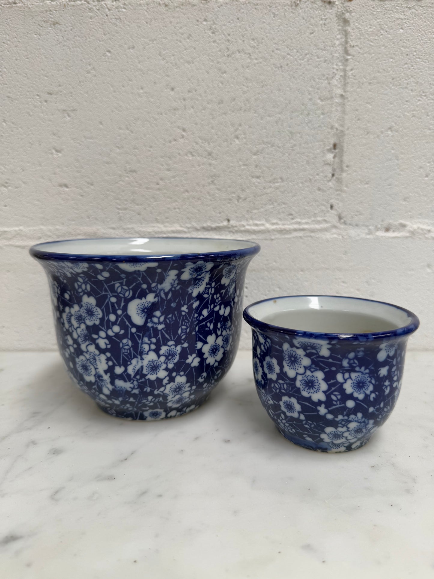 Vintage Set of Three Blue and White Planters