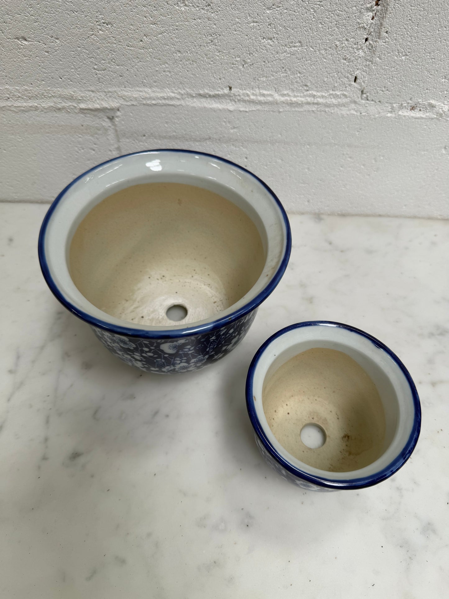 Vintage Set of Three Blue and White Planters
