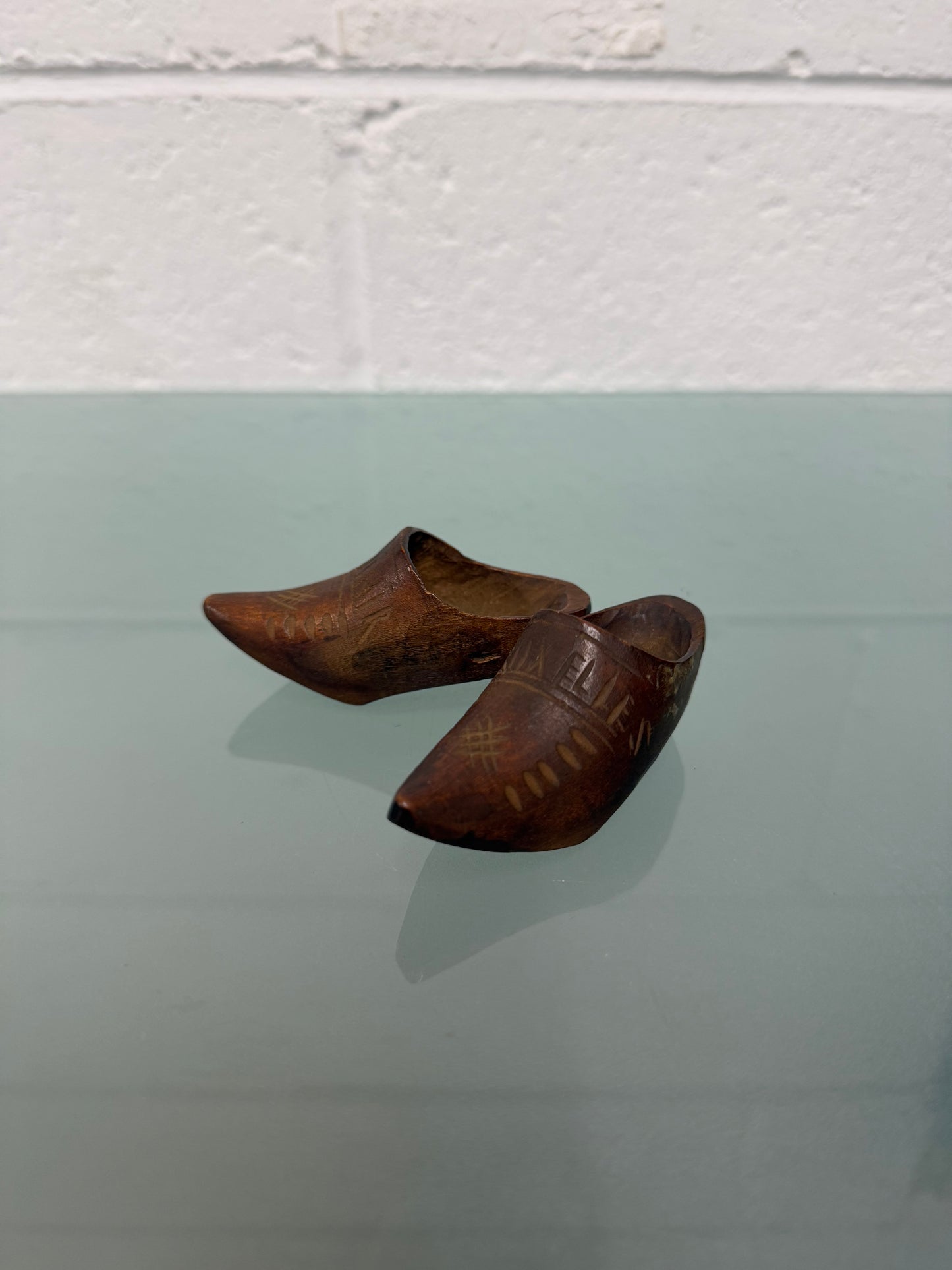 Pair Antique Hand Carved Miniature Wooden Clogs