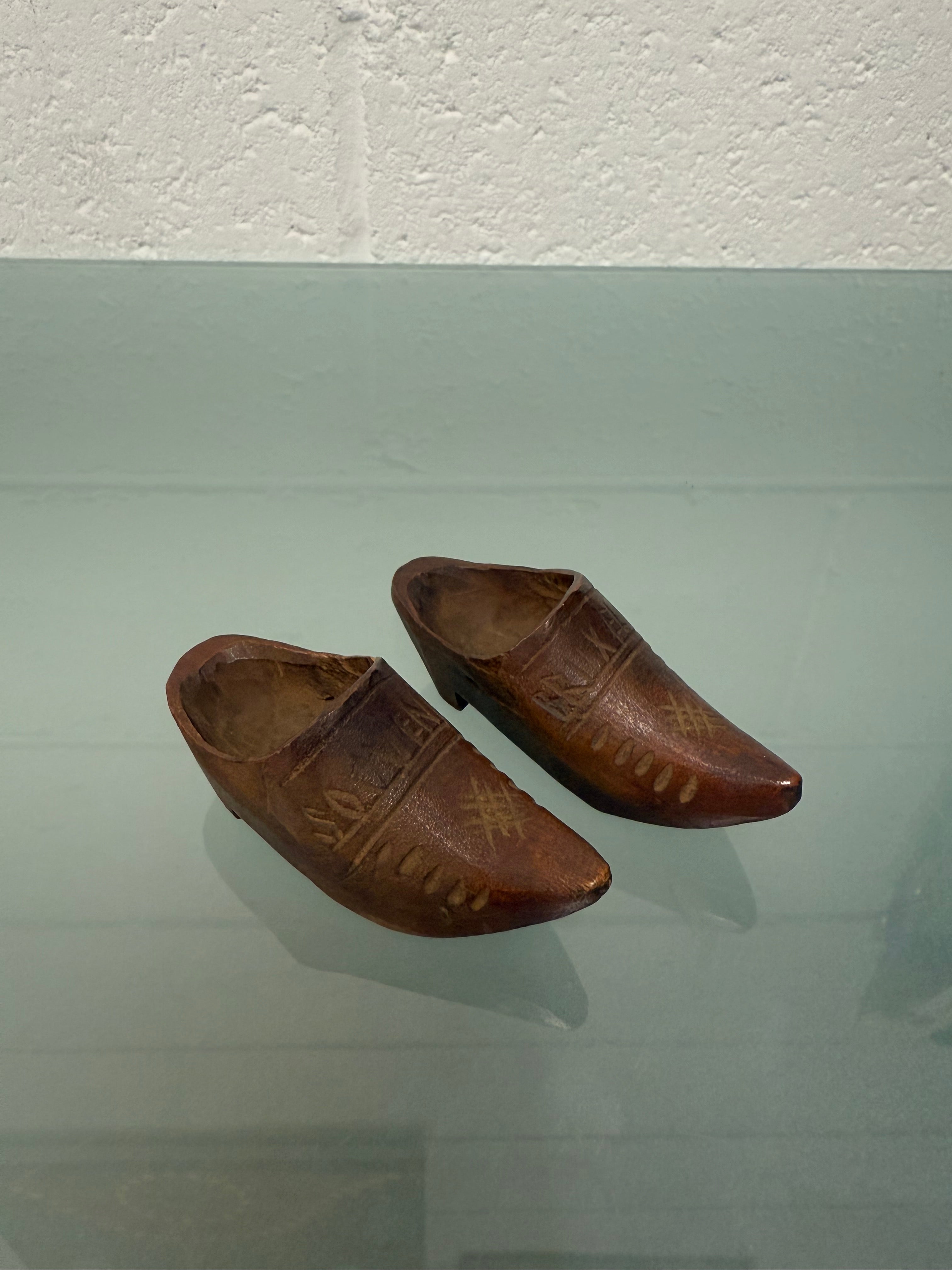 Pair Antique Hand Carved Miniature Wooden Clogs