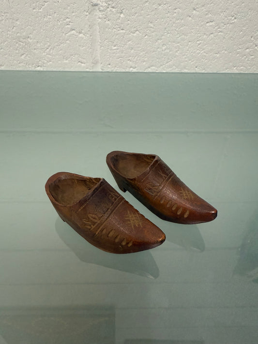 Pair Antique Hand Carved Miniature Wooden Clogs