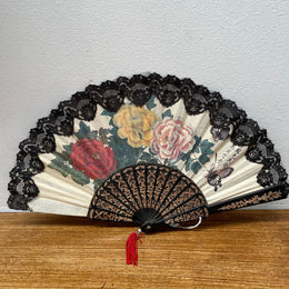 Beautiful Black and Cream Floral Painted Fan
