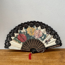 Beautiful Black and Cream Floral Painted Fan