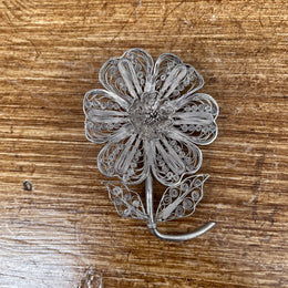 Vintage Silver Filigree Flower Brooch