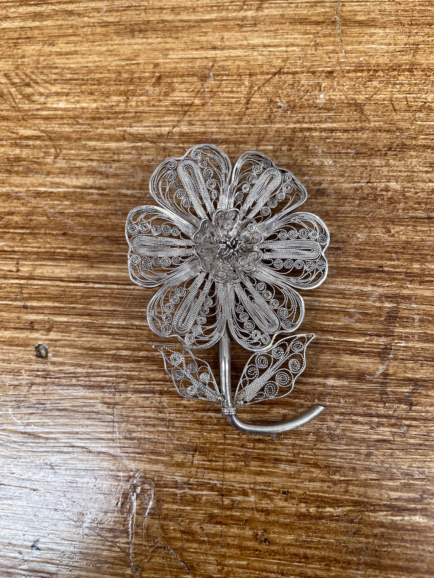 Vintage Silver Filigree Flower Brooch