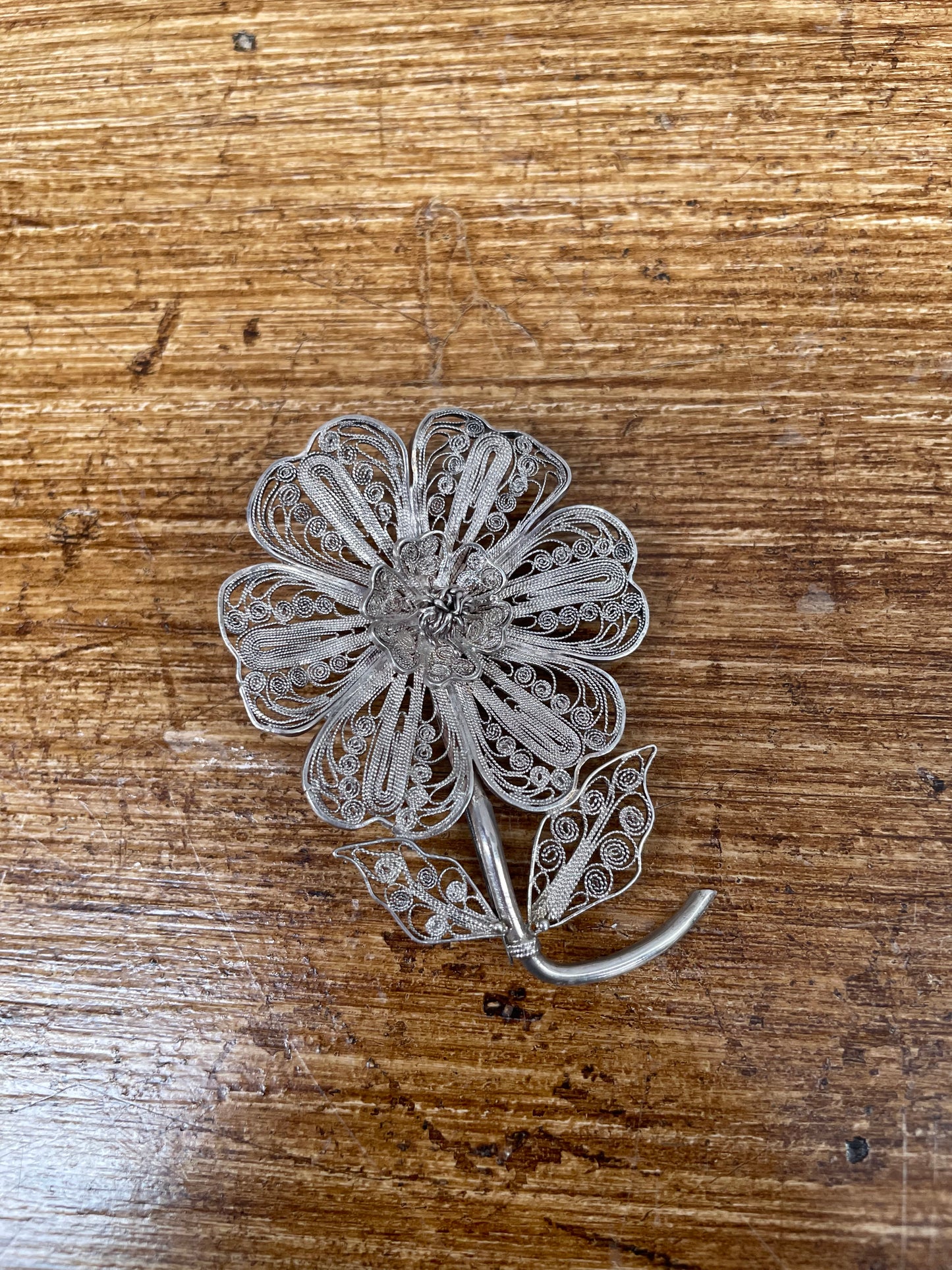 Vintage Silver Filigree Flower Brooch