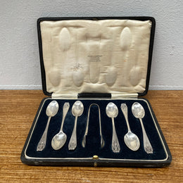 Sterling Silver Set 6 Tea Spoons & Sugar Tongs London 1916