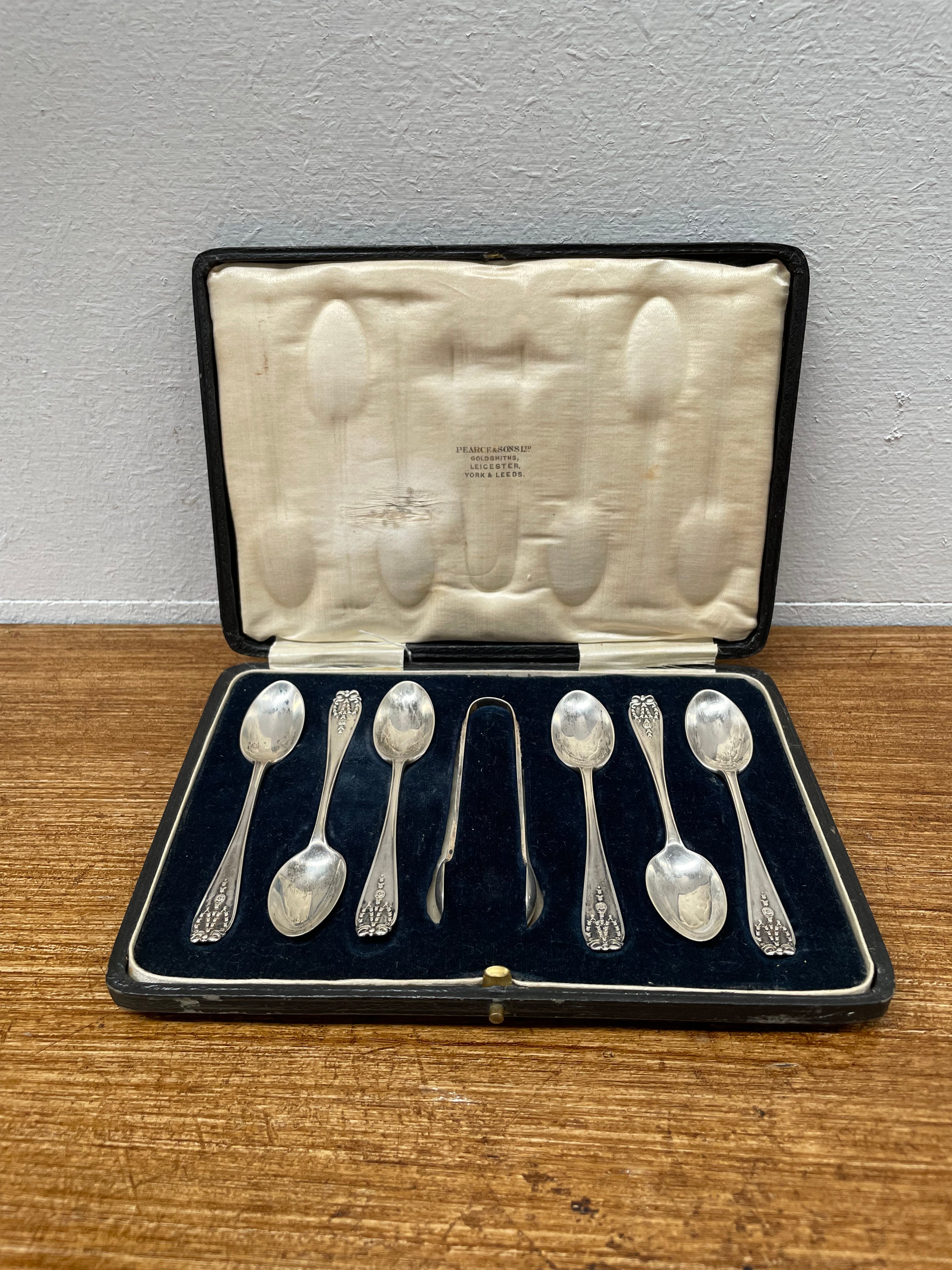 Sterling Silver Set 6 Tea Spoons & Sugar Tongs London 1916 | Antique & Vintage | Moonee Ponds Antiques | Australia Wide Delivery