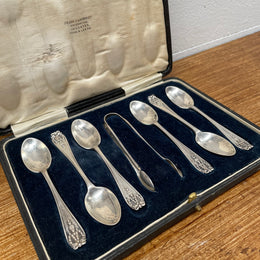 Sterling Silver Set 6 Tea Spoons & Sugar Tongs London 1916