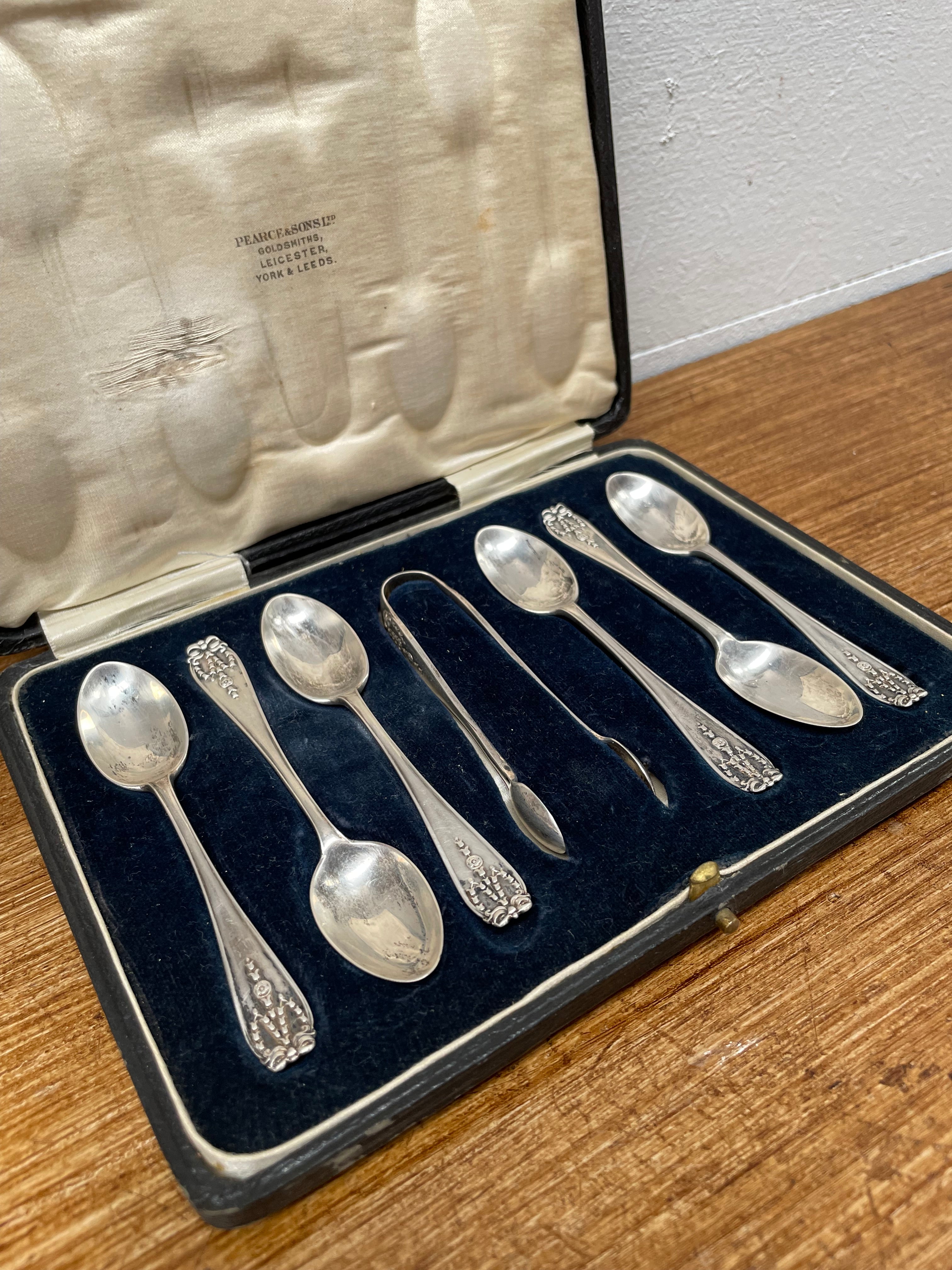 Sterling Silver Set 6 Tea Spoons & Sugar Tongs London 1916 | Antique & Vintage | Moonee Ponds Antiques | Australia Wide Delivery