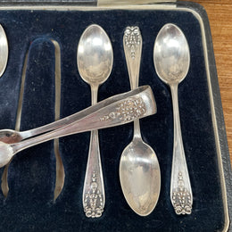 Sterling Silver Set 6 Tea Spoons & Sugar Tongs London 1916