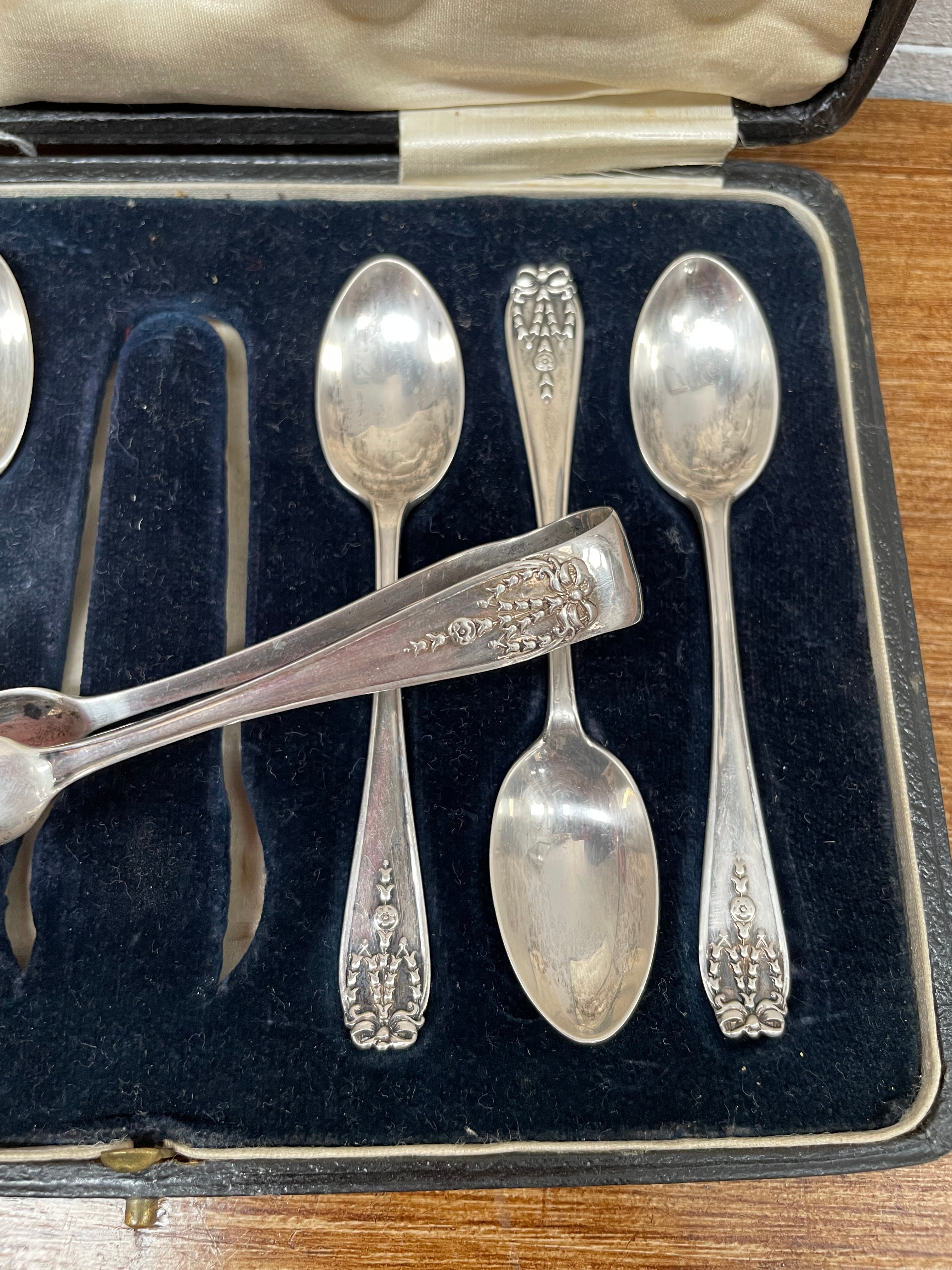 Sterling Silver Set 6 Tea Spoons & Sugar Tongs London 1916 | Antique & Vintage | Moonee Ponds Antiques | Australia Wide Delivery