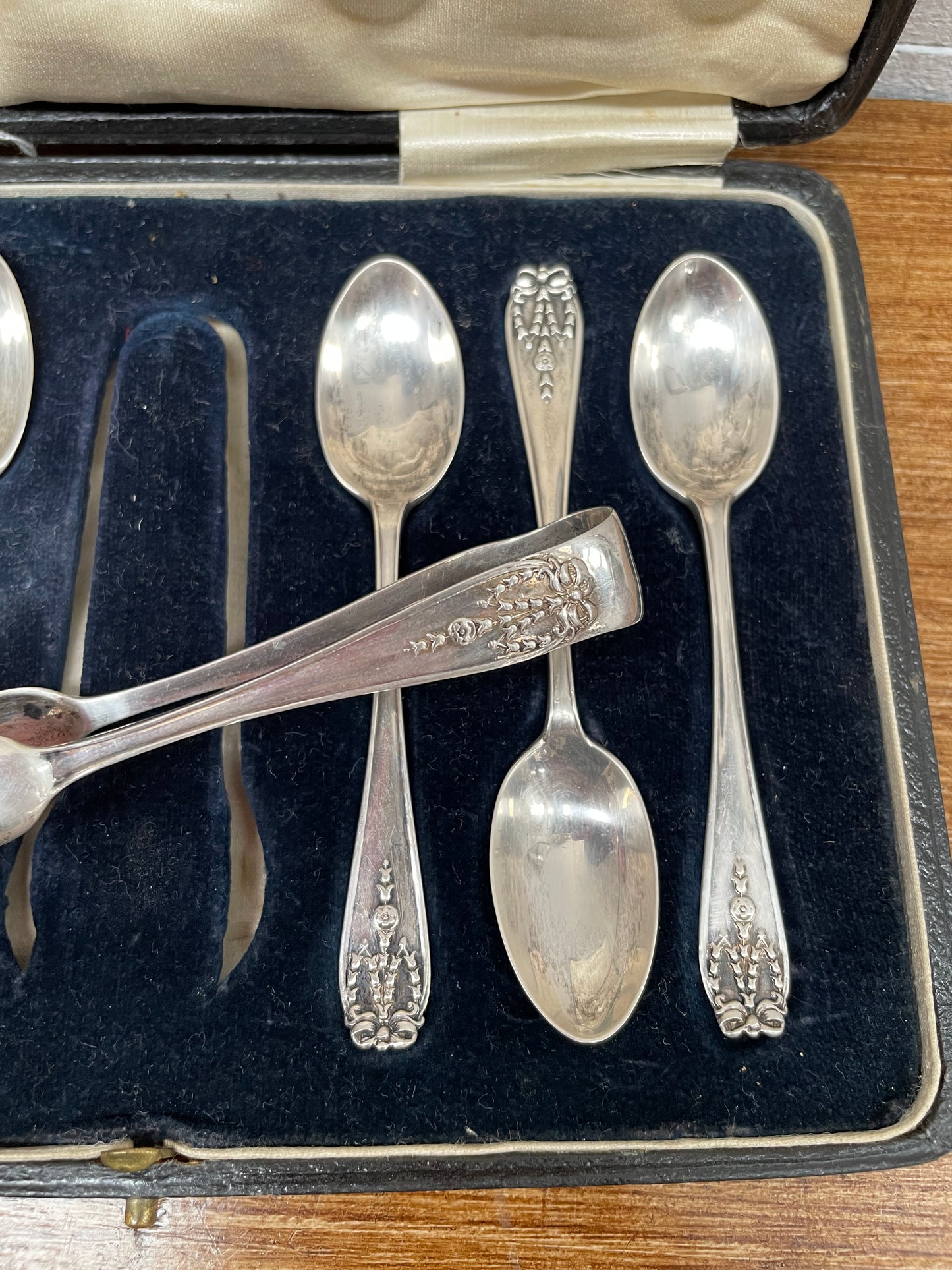 Sterling Silver Set 6 Tea Spoons & Sugar Tongs London 1916