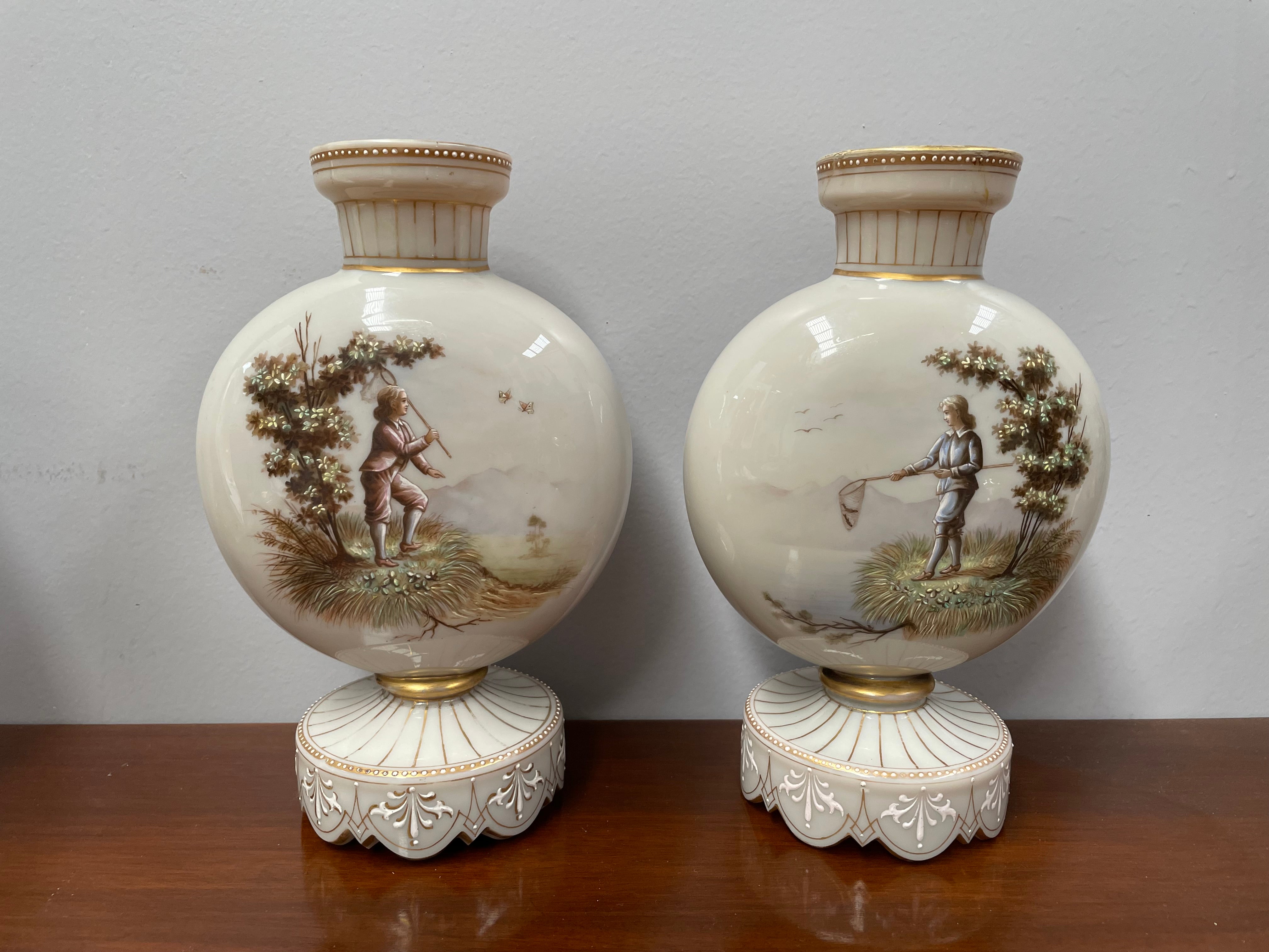 Pair of Victorian Opaline Glass Hand Painted Enamel Glass Vases | Antique & Vintage | Moonee Ponds Antiques | Australia Wide Delivery