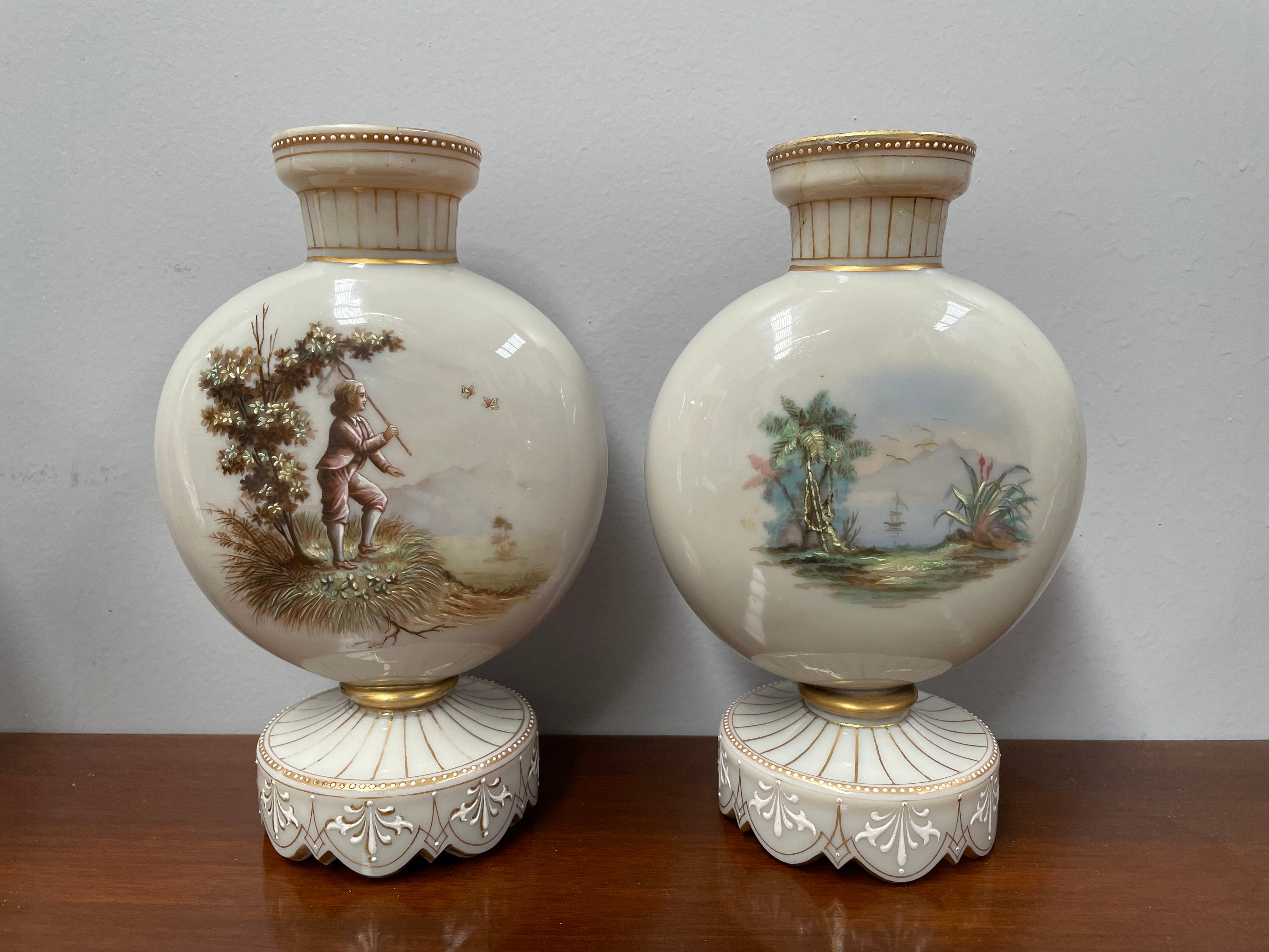 Pair of Victorian Opaline Glass Hand Painted Enamel Glass Vases | Antique & Vintage | Moonee Ponds Antiques | Australia Wide Delivery