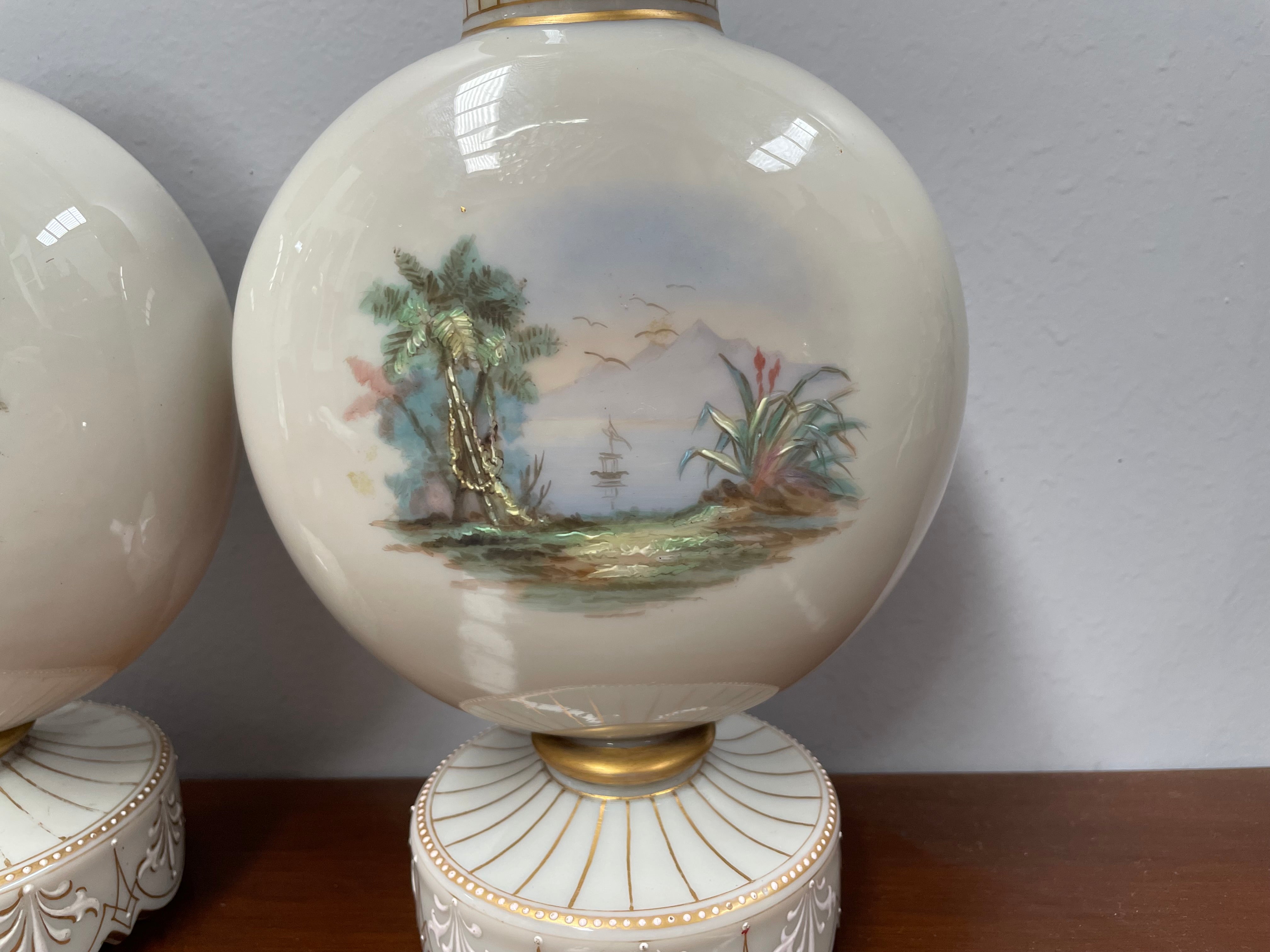 Pair of Victorian Opaline Glass Hand Painted Enamel Glass Vases | Antique & Vintage | Moonee Ponds Antiques | Australia Wide Delivery