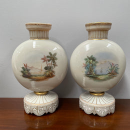 Pair of Victorian Opaline Glass Hand Painted Enamel Glass Vases