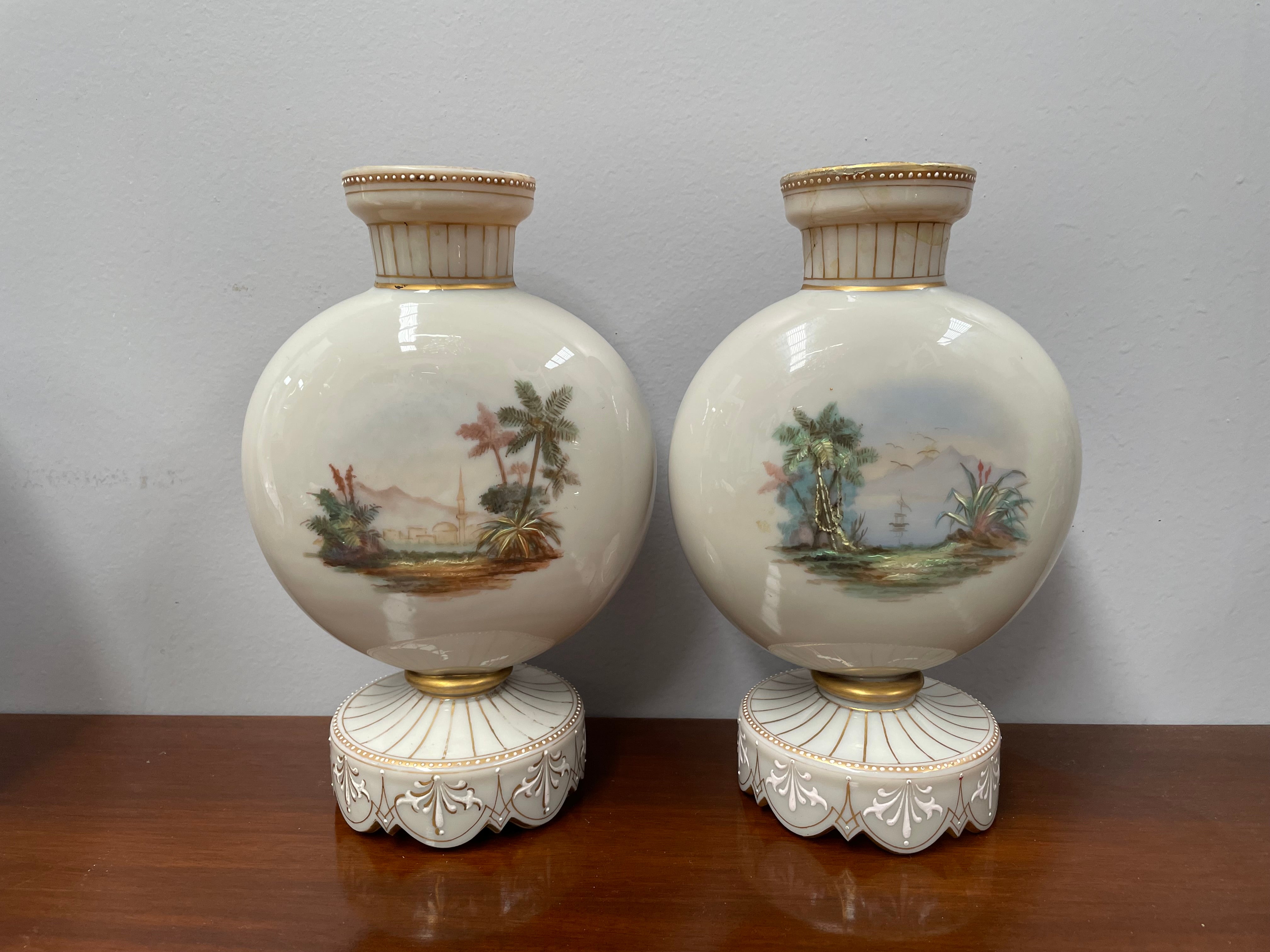 Pair of Victorian Opaline Glass Hand Painted Enamel Glass Vases | Antique & Vintage | Moonee Ponds Antiques | Australia Wide Delivery