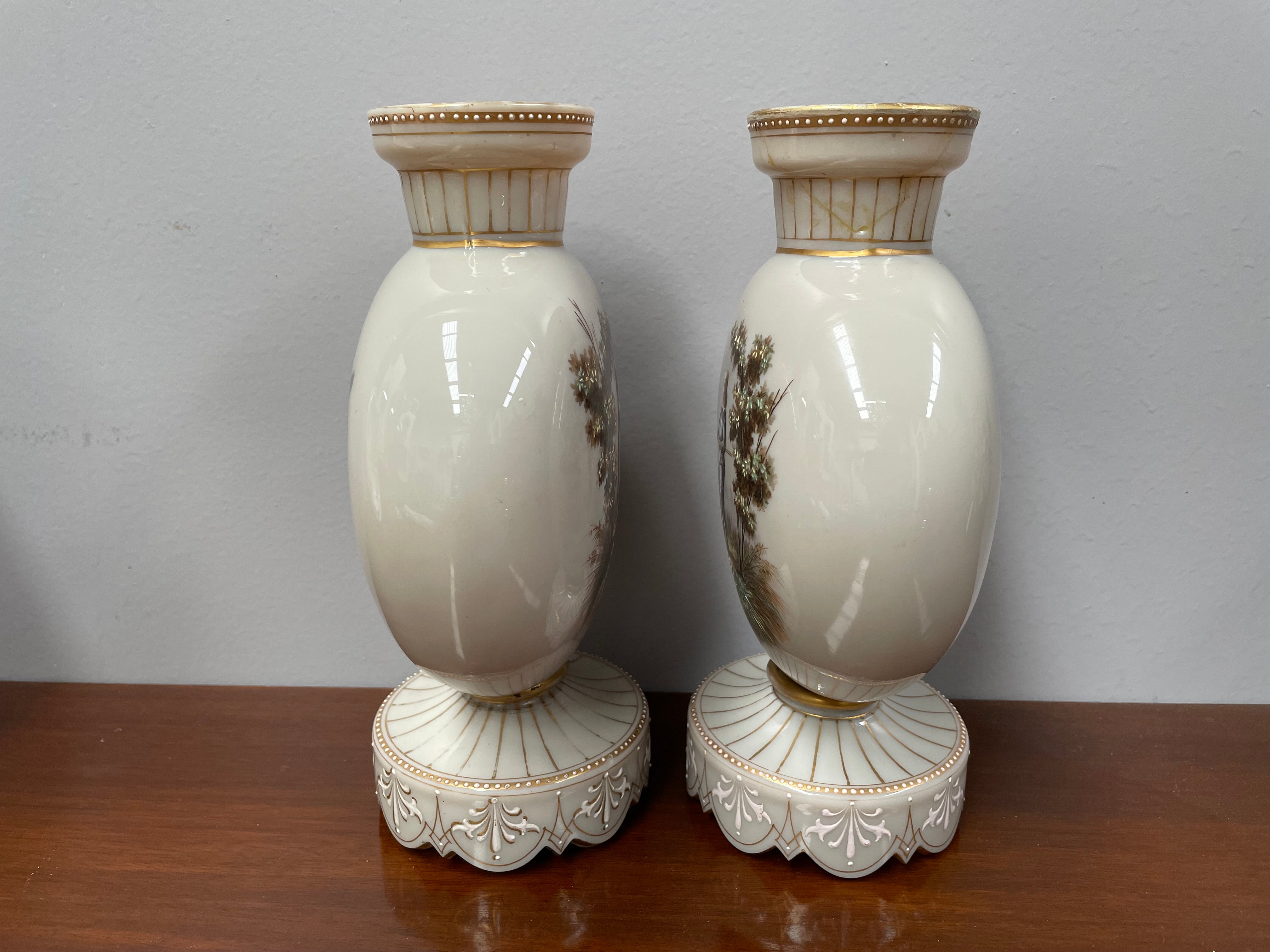 Pair of Victorian Opaline Glass Hand Painted Enamel Glass Vases | Antique & Vintage | Moonee Ponds Antiques | Australia Wide Delivery